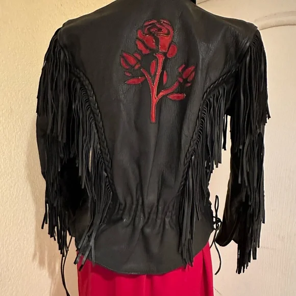Black Fringe Leather Biker Jacket with Cut Out Rose Details - Picture 13 of 16